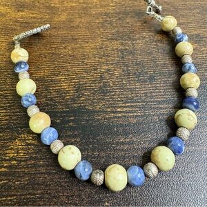 Sodalite Beaded Bracelet Blue Cream Silver Heart Toggle Handcrafted 7.25”